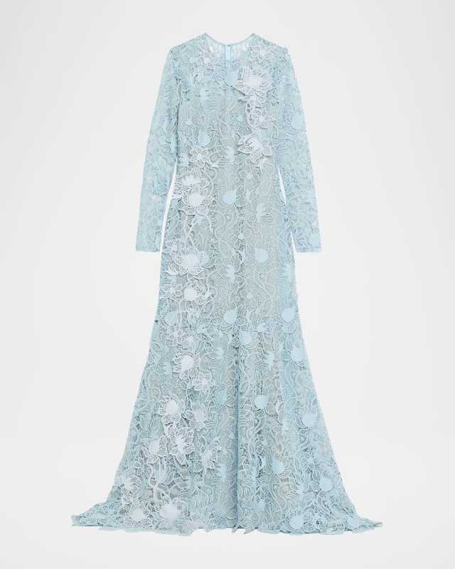 Long-Sleeve Corded Botanical Guipure Gown